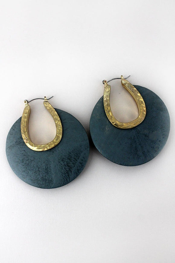 GRAY WOOD AND GOLDTONE CRESCENT HOOP EARRING