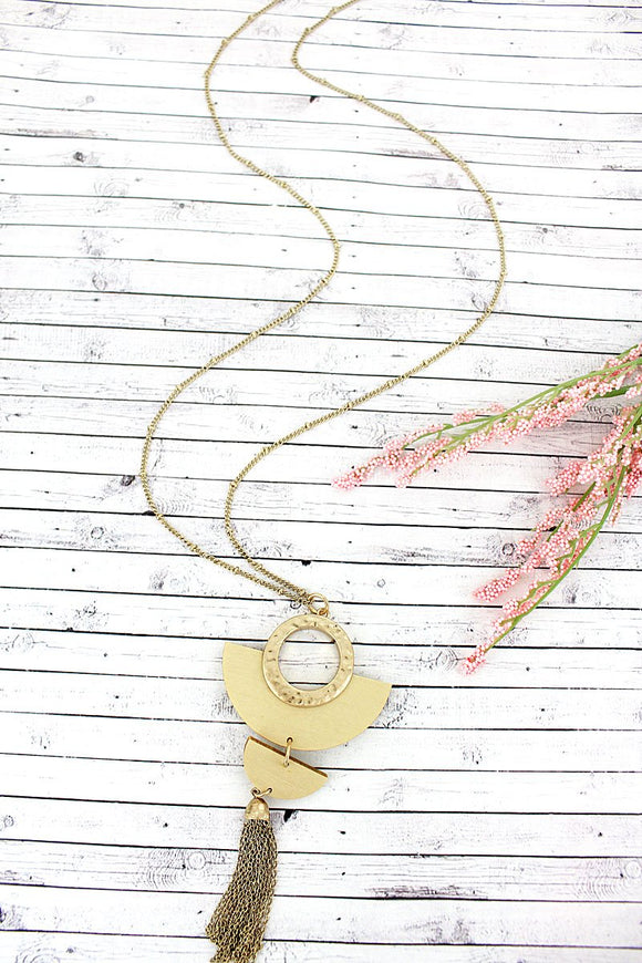 Ivory Wood And Gold Half Moon Tassel Necklace