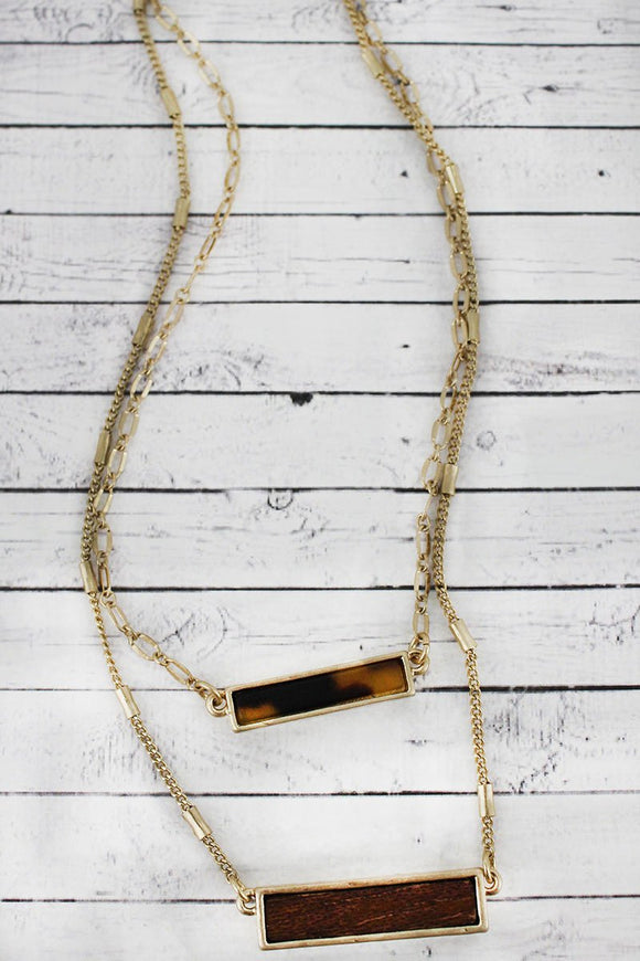 Brown Tortoiseshell And Wood Bar Layered Necklace