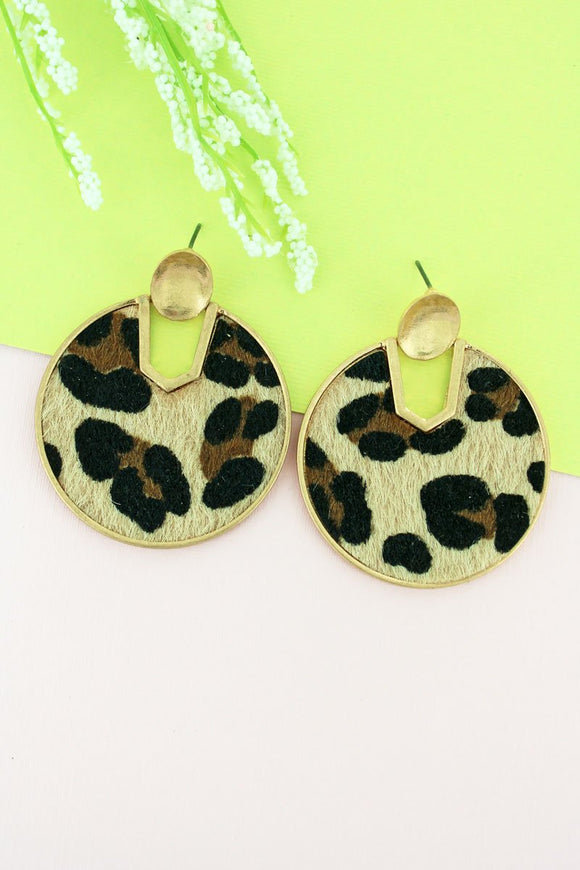 GOLDTONE AND TAN LEOPARD FAUX FUR CUT-OUT DISK EARRINGS