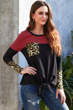 Black And Burgundy Leopard Long Sleeve Tie Front