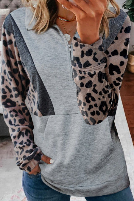 Gray Pocketed Half Zip Leopard Pullover