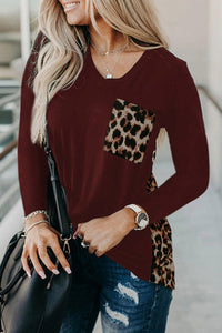 Burgundy Long Sleeve Top With Leopard Pocket