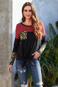 Black And Burgundy Leopard Long Sleeve Tie Front