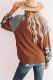 Leopard Long Sleeve Waffle Knit Orange Blouse with Twist Knot