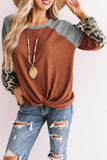 Leopard Long Sleeve Waffle Knit Orange Blouse with Twist Knot