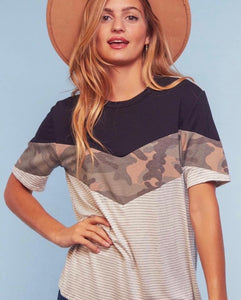 Camo, Black and Striped Top (Available In Plus Size)