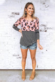 Pink Leopard & Black Stripe Colorblock Top