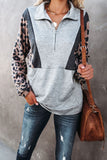 Gray Pocketed Half Zip Leopard Pullover