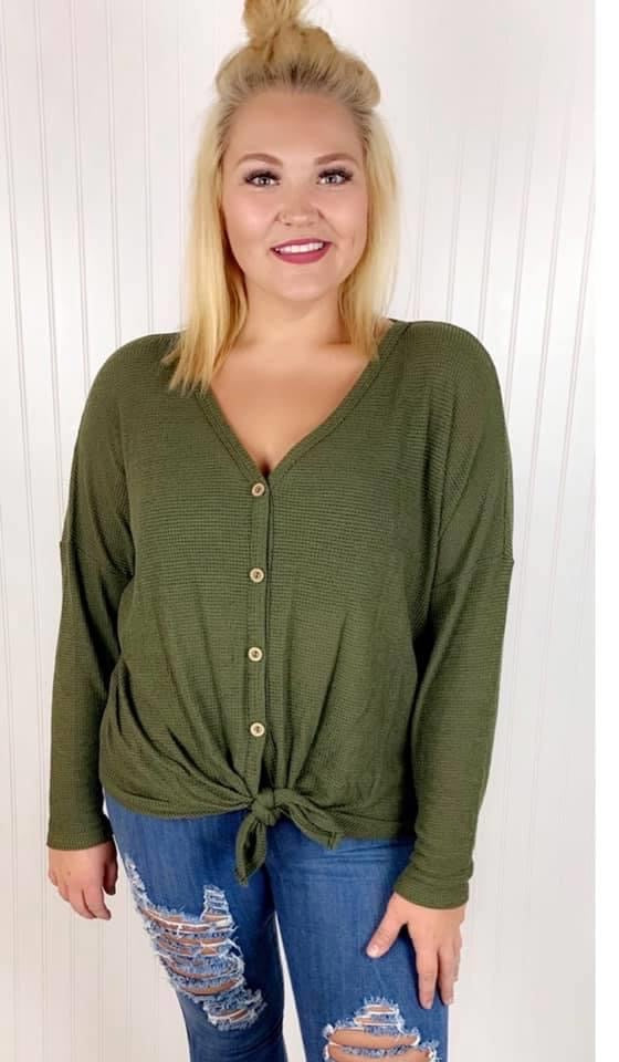 Waffle Knit Button-Down Olive Top (Available In Plus Size)