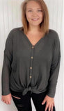 Waffle Knit Button-Down Gray Top (Available In Plus Size)