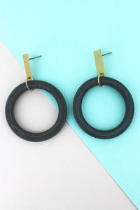 Gold Bar And Gray Wood Hoop Earrings