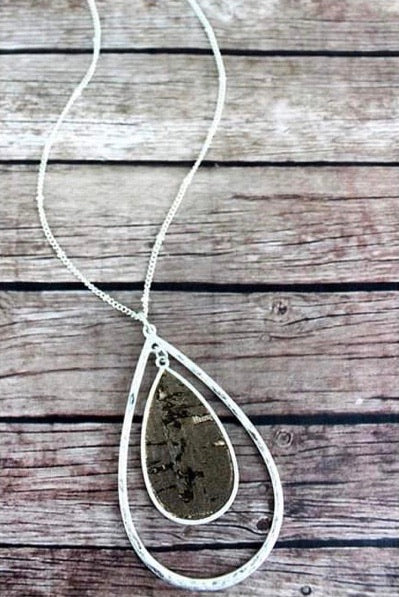 Silver And Dark Cork Teardrop Necklace