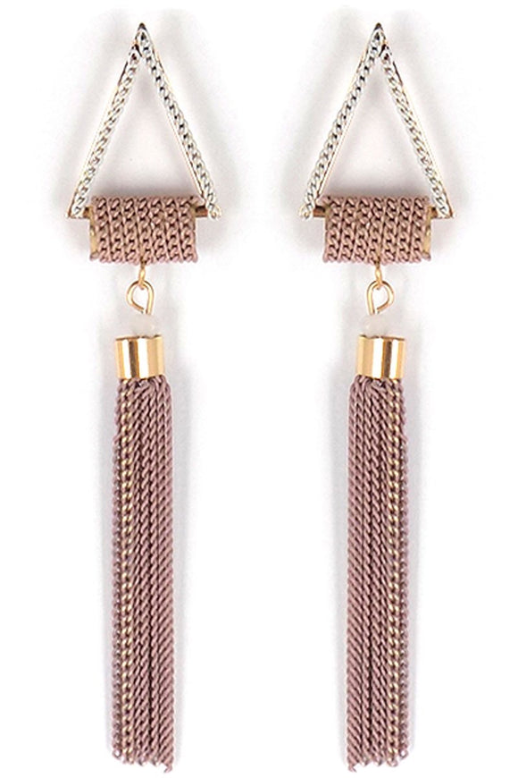 PINK AND GRAY CHAIN TRIANGLE TASSEL EARRINGS