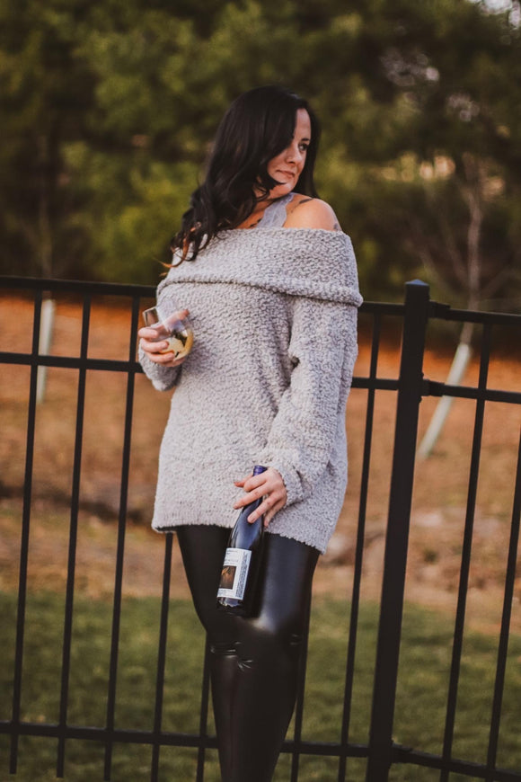 Light Grey Popcorn Tunic Off Shoulder Sweater