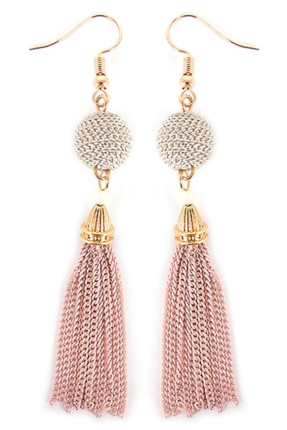 WHITE AND PINK CHAIN BALL TASSEL EARRINGS