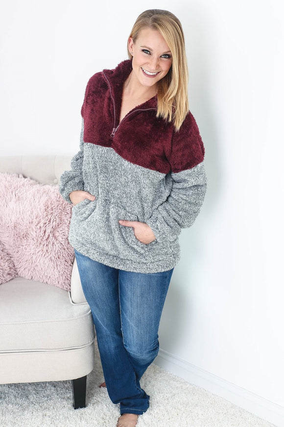 Burgundy & Grey Fleece Pullover