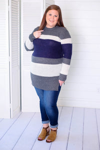 Grey, White & Navy Tunic Sweater (Plus Size Available)