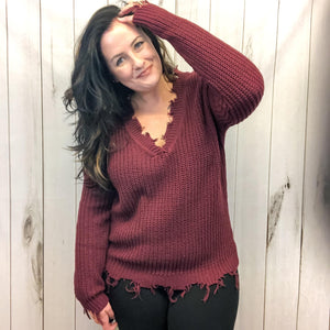 Burgundy Frayed Sweater