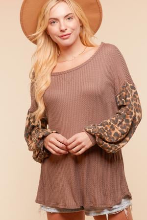 Coffee Leopard Bubble Sleeve Waffle Knit Top