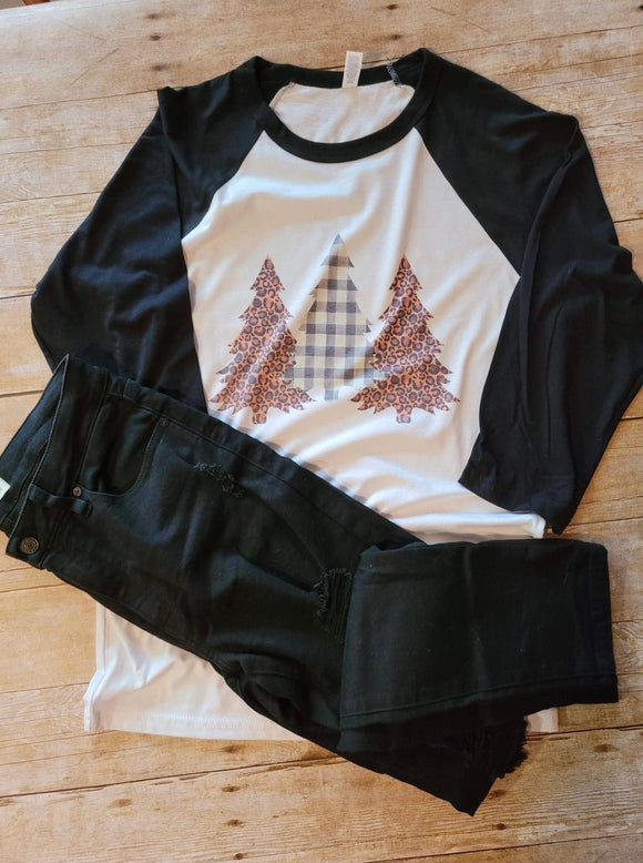 Leopard & Plaid Christmas Trees 3/4 Sleeve