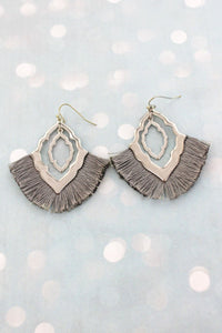 GRAY FRINGED SILVERTONE MOROCCAN FAN EARRINGS