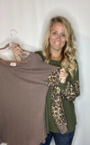 Coffee Leopard Bubble Sleeve Waffle Knit Top