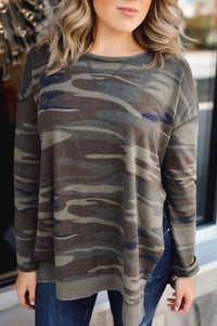 Oversize Camo Side Slits Long Sleeve