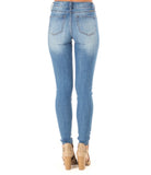 Kan Can- Medium Wash Mid Rise Skinny Jeans With Distressed Details