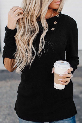 Black Buttoned Neck Knit Long Sleeve