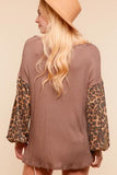 Coffee Leopard Bubble Sleeve Waffle Knit Top