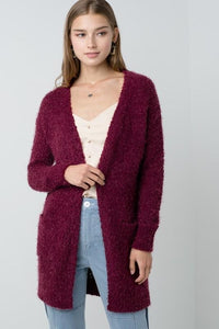 Popcorn Eyelash Open Front Long Line Cardigan