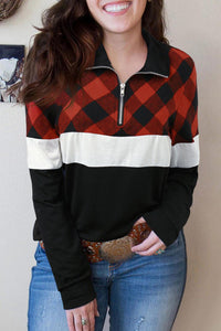 Red Plaid & Block Zipper Long Sleeve