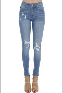 Kan Can- Medium Wash Mid Rise Skinny Jeans With Distressed Details