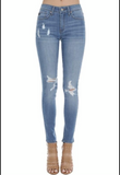 Kan Can- Medium Wash Mid Rise Skinny Jeans With Distressed Details