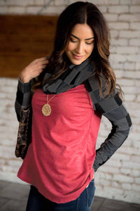 Red Cowl Neck Plaid Long Sleeve