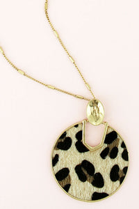 GOLD AND TAN LEOPARD FUR DISK NECKLACE