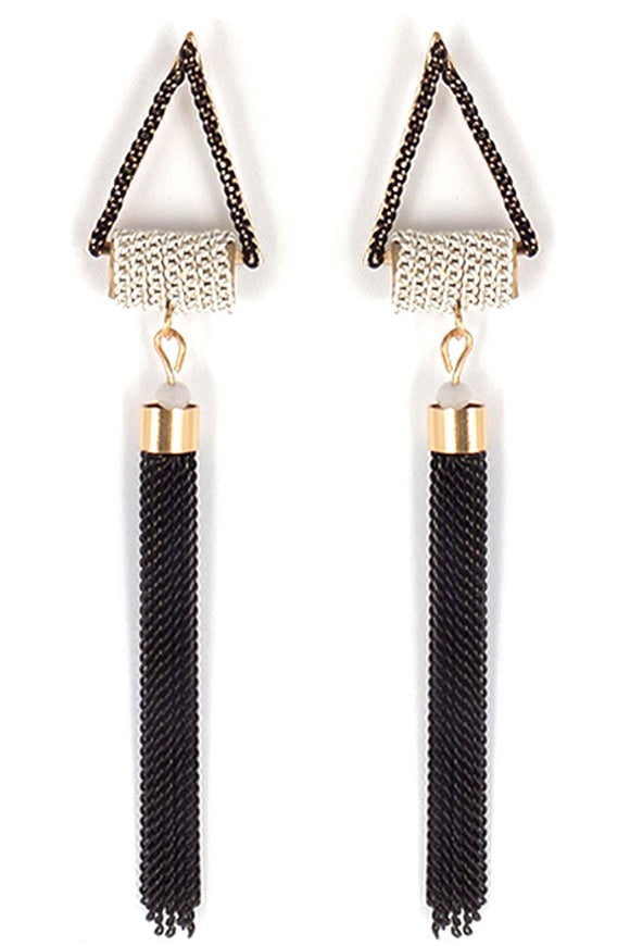 BLACK AND WHITE CHAIN TRIANGLE TASSEL EARRINGS