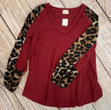 Burgundy Top With Leopard Sleeves