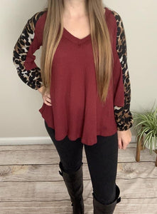 Burgundy Top With Leopard Sleeves