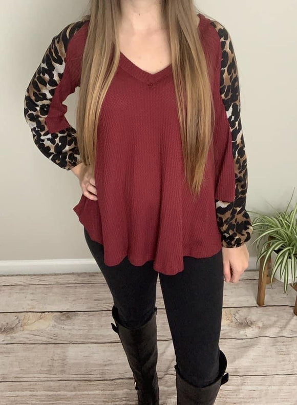 Burgundy Top With Leopard Sleeves